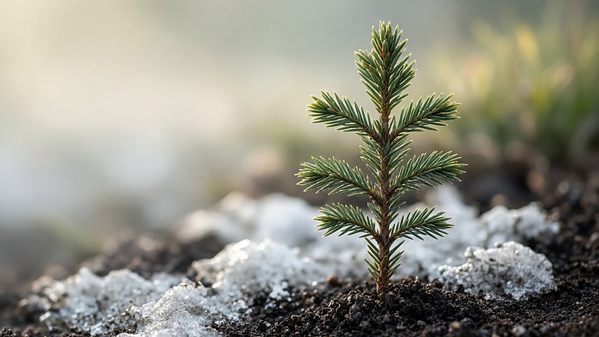 A small spruce seedling growing out of frosty soil